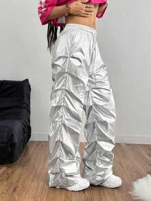 Pantalones largos rectos de pierna ancha de parachute plateados con revestimiento de PU para Y2K con cintura elástica y bolsillos - Plateado - Ver 5