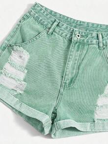 Pantalones cortos de mezclilla casuales y versátiles con bolsillos y efecto desgastado de unicolor - Verde - Ver 4