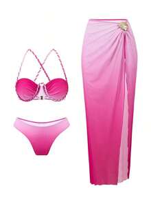 Swim  Conjunto de 3 piezas de traje de baño de mujer para vacaciones de verano, con falda de malla trenzada, estampado degradado y diseño informal - Rosa Fucsia - Ver 2