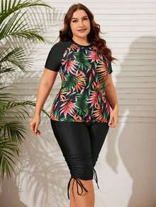 Swim Lushoire Conjunto de protector solar para mujer de talla grande con impresión de plantas tropicales en contraste para la playa de verano - Negro - Ver 5