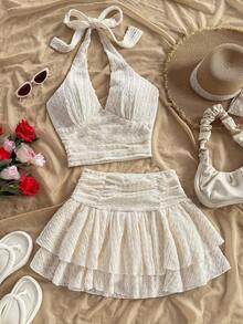 Conjunto de 2 piezas de top sin mangas ajustado con cuello en V y falda mini de doble capa acampanada en color beige texturizado, atuendo de resort - Beis - Ver 1