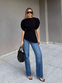 Blusa negra de mujer con cuello redondo, mangas de pétalos y bajo asimétrico, nueva y elegante para el verano - Negro - Ver 3