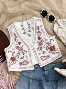 Blusa de mujer con estilo romántico campestre, bordada con flores coloridas sobre fondo blanco, de frente abierto y sin mangas, ropa de mujer para otoño, ropa de vacaciones, ropa de vuelta al colegio - Multicolor - Ver 1