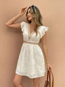 Frenchy Vestido corto de mujer con escote en V, manga con volantes, encaje de parche y tejido jacquard calado para vacaciones/fiesta - Albaricoque - Ver 3