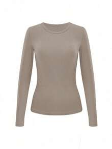 Set de 3 camisetas casuales de manga larga con cuello redondo y costillas de unicolor para mujer - Multicolor - Ver 5
