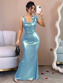 Vestido largo con espalda descubierta y decoración de lazo en color liso para mujer - Azul - View 8