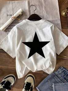 Camiseta de manga corta con cuello redondo para mujer, con estampado de estrellas, hecha de tela 100% algodón puro, transpirable y que no provoca sudoración, suave y lisa, con una sensación de calidad, adecuada para deportes y fitness, uso diario, vacaciones, oficina, escuela, fiestas y otras ocasiones diversas. - Blanco - Ver 1