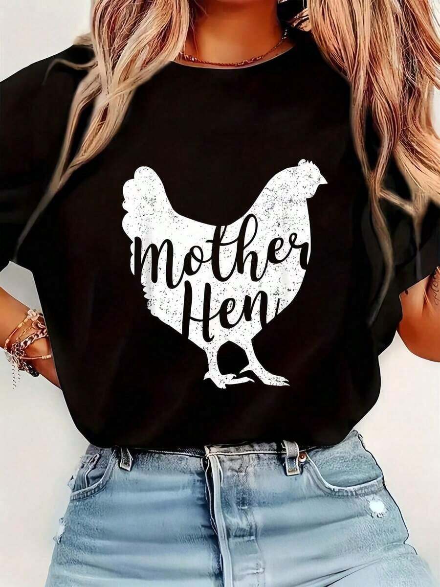 Gift: 1 Women's T-Shirt With Mother Hen Print, Round Neck, Casual Cotton T-Shirt, Medium Stretch Knit Fabric, Regular Fit For Ladies, For Spring/Summer/Autumn, Soft. - 黑色 - 查看 1