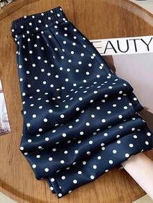 Pantalones rectos de satén con cintura alta, cintura con cordón y estampado de lunares, adecuados para vacaciones, ceremonias de graduación, festivales de música, estilo bohemio, 4 de julio, uso casual - Azul marino - Ver 2