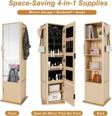 66" Jewelry Cabinet With A Full-Length Mirror, Standing Storage Cabinet With A Coat Rack, 2 Layers Of Built-In Shelves, Back 4 Layers Of Open Shelves, Oak - 白色 - 查看 7