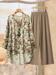 Set de 2 piezas con blusa de manga larga de cuello redondo y pantalones de corte holgado para mujeres - Verde - Ver 6