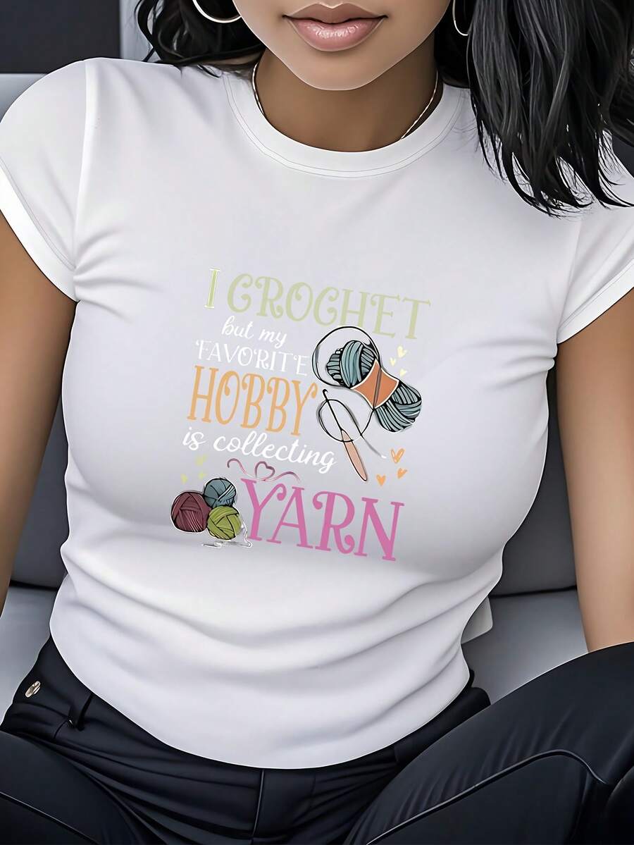 Camiseta estampada de algodón 100% para mujer, top de manga corta y cuello redondo para primavera/verano. Mi pasatiempo favorito es coleccionar hilo. Camiseta estampada, ropa de mujer de manga corta y cuello redondo, moderna e informal, versátil y única, adecuada para uso diario, ropa casual para el hogar, viajes y vacaciones, regalo para las fiestas. - Blanco - Ver 1