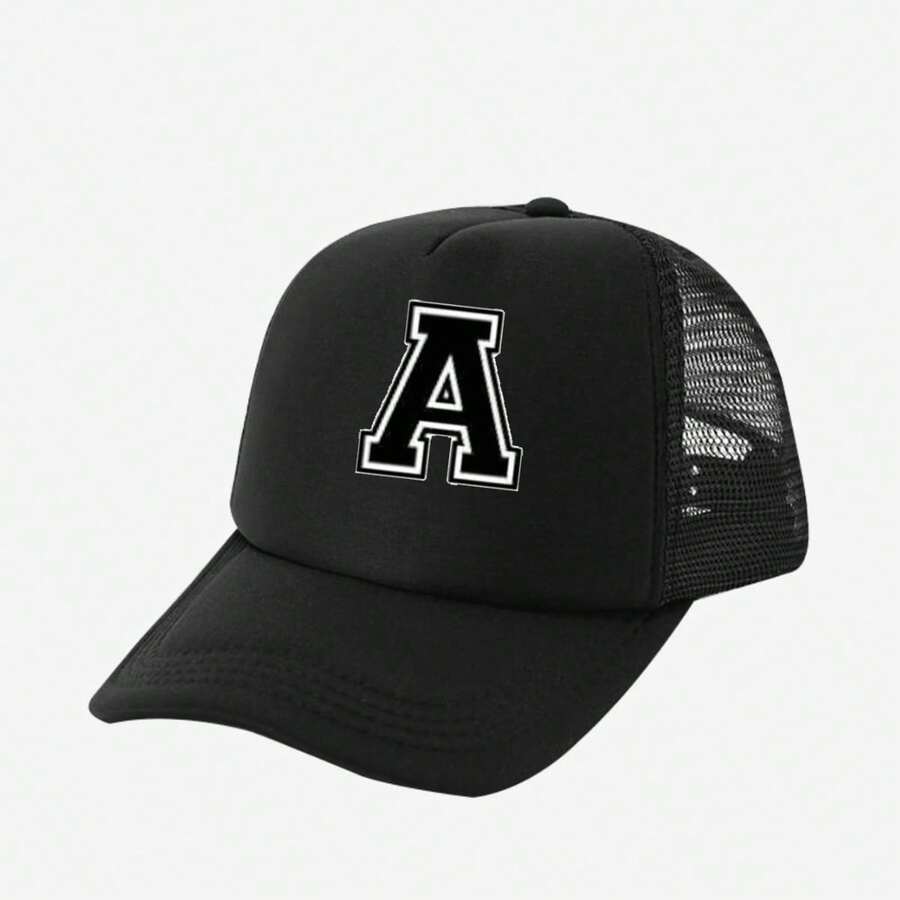 ClassicBig A Patch Embroidery Mesh Truck Cap, Half Mesh Breathable Baseball Hat, Casual Hip Hop Street Style Snapback Sun Hat For Daily Travel Sports - Black - View 1