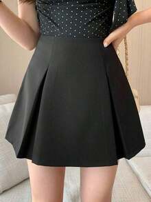 Falda pantalón de verano casual de unicolor con abertura lateral para mujer - Negro 7 - Ver 1