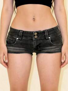 Women Y2k Micro Shorts Denim Low Rise Ruched Booty Shorts Skinny Going Out Mini Bottoms Going Out Rave Music Festival Micro Hot Pants - Black - View 1