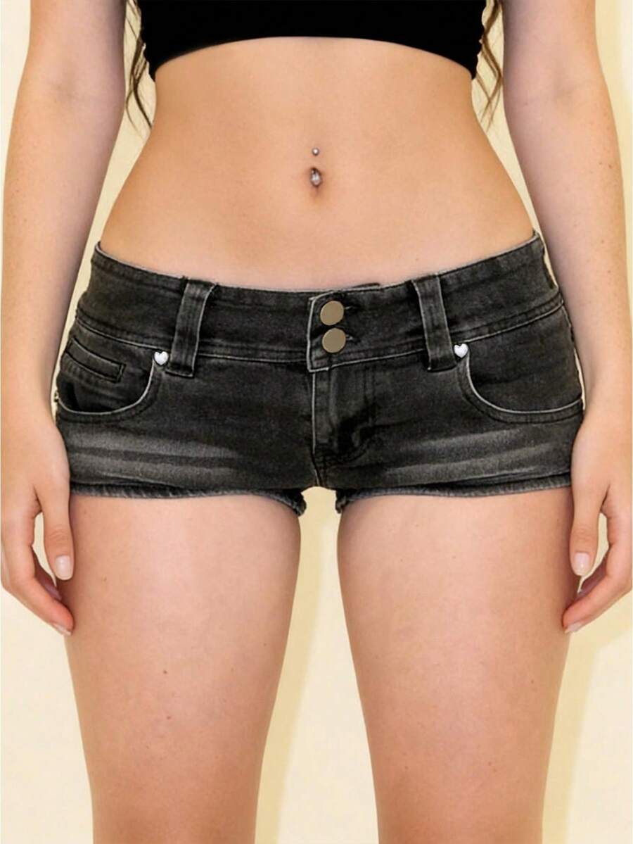 Women Y2k Micro Shorts Denim Low Rise Ruched Booty Shorts Skinny Going Out Mini Bottoms Going Out Rave Music Festival Micro Hot Pants - Black - View 1