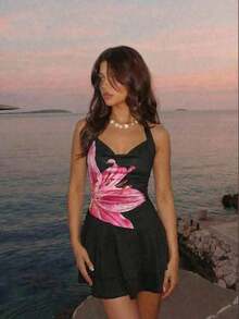 Vestido Rojo De Punto Sin Mangas Con Cuello Halter Y Doble Capa, Ajustado Para Mujer - Negro - Ver 7