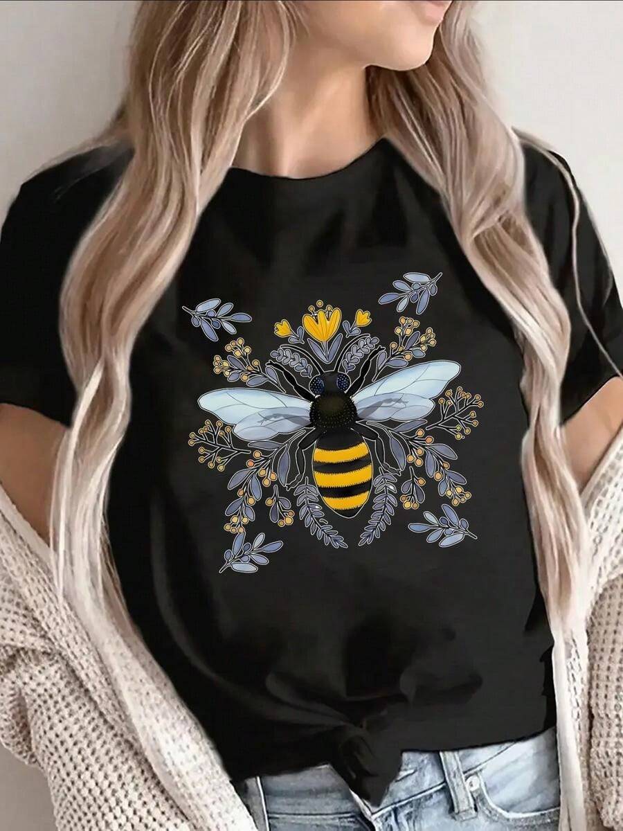1 pieza clásica y versátil, camiseta corta de algodón puro con mangas cortas, estampada con abejas y flores. Estilo moderno - Negro - Ver 1