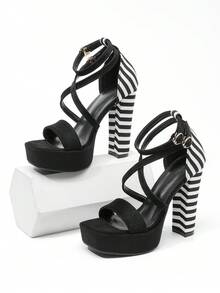 Giày sandal đế xuồng cao gót dày kẻ sọc đen trắng, quai chéo, hở mũi, gót siêu cao, sandal gợi cảm cho tiệc tùng, câu lạc bộ, giày nữ đa năng. - màu đen - Xem 6