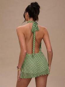 Vestido de tirantes mini con espalda descubierta y estampado de lunares elegante para mujer - Verde Oliva 2 - Ver 2