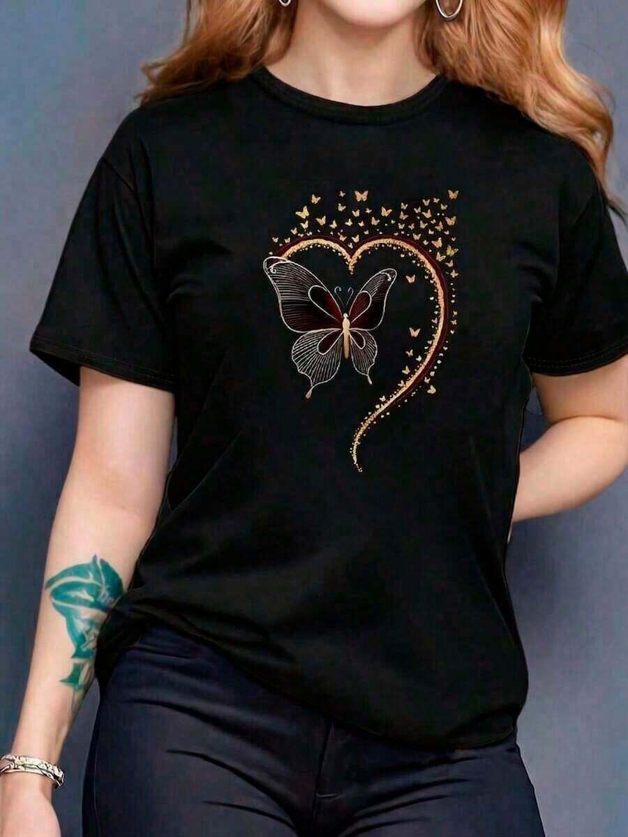 Printed T-Shirt With Butterfly Design, Outside The Outline Of A Heart And Small Butterflies, Printed Design, Colorful, Modern, Casual T-Shirt, Round Neck, Short Sleeve, Ideal To Wear To School Or Work, Loose, Fashionable, For Everyday Use. - 黑色 - 查看 1