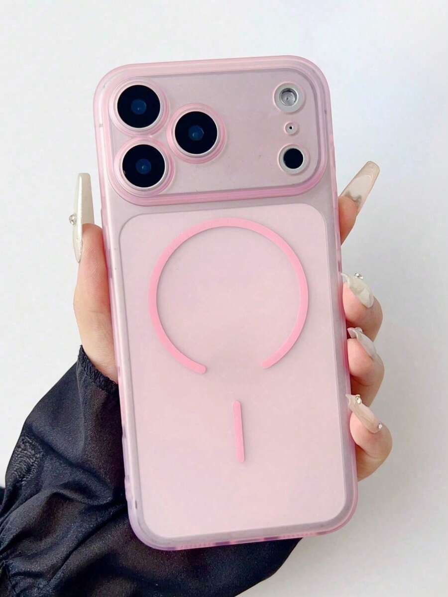 Pink Minimalist Magnetic Matte Skin-Feel Semi-Transparent Basic Solid Color Phone Case Compatible With 17 16 15 14 13 12 Pro ProMax Plus, Supports Magnetic Charging, Shock-Proof And Drop-Resistant Soft Case Spring Easter Gift Case - Pink - View 1