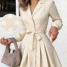 PariChic Women's Elegant Coffee-Colored Long-Sleeved Dress With A Romantic All-Over Rose Print, Featuring A Bow Belt, Front Buttons, And A Stylish Design Suitable For Autumn/Winter, Spring/Summer, Vacations, Valentine's Day Dates, Birthdays, A-Line Silhouettes, And Cute, Romantic Puff-Sleeved Short Dress - Albaricoque - Ver 1