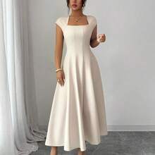 Elenzya Women's Elegant Commuting, Beach, Vacation, Music Festival, Beer Festival Solid Color Square Neck Waist Tie A-Line Short Sleeve Midi Dress, Spring/Summer - Rosa - Ver 8