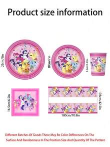 MY LITTLE PONY 我的小馬寶貝派對餐具套裝，包含10個紙杯、10個盤子、旗幟、派對帽，派對用品，生日慶典一次性節日派對裝飾，暮光閃閃、彩虹衝刺、碧琪派 - 彩色 - 查看 4