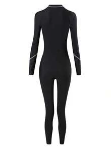 Bikinx Traje de baño de una pieza deportivo con cremallera frontal, manga larga, ajustado, con ribete de contraste de unicolor para vacaciones y playa en verano - Negro - Ver 4