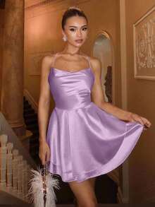 Vestido corto de mujer con tirantes finos y espalda descubierta con diseño cruzado - Morado - Ver 5