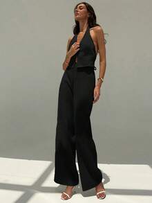 Top sin mangas con cuello en V y espalda abierta para mujer de oficina en primavera/verano y pantalones anchos de pierna, conjunto de estilismo adelgazante y alargador para ropa casual - Negro - Ver 3