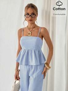 Conjunto de 2 piezas de top de tirantes y pantalones de estilo jacquard elegante para mujer, para verano - Azul y blanco - Ver 7