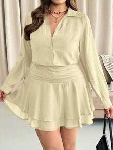 Conjunto de 2 piezas de camisa de unicolor y falda plisada de estilo francés casual, talla grande, para otoño/invierno - Albaricoque - Ver 6