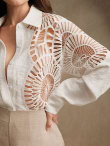 Camisa de mujer con cuello versátil de encaje soluble y empalme hueco, para primavera/verano - Blanco - Ver 9