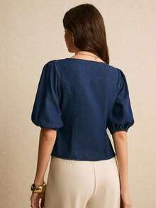 Blusa de mezclilla casual con cuello de corazón y mangas abullonadas para mujer - Azul lavado oscuro 2 - Ver 2