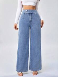 Tall Pantalones vaqueros para mujer de cintura alta, estilo casual, pierna ancha y recta, color azul, para mujeres de estatura alta - Azul lavado medio 2 - Ver 3