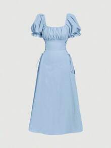 Vestido amarillo de longitud media con mangas de pétalos y cintura con lazo - Celeste - Ver 4