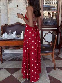 Vestido de verano elegante y casual para fiesta, con lunares, recortes y retorcido, ideal para vacaciones en la playa - Rojo - Ver 3