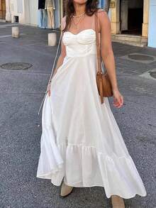 Long, Solid-Color Spring Dress With Straps, High Waist, Elegant And Sensual European Style - White - View 1