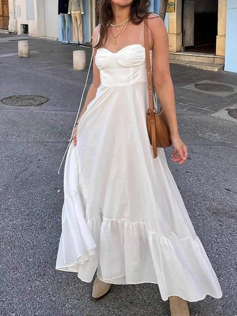 Long, Solid-Color Spring Dress With Straps, High Waist, Elegant And Sensual European Style - White - View 1