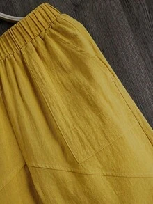 LUMIGAL Pantalones casuales sueltos de cintura elástica para mujer con forma cónica y bolsillos de unicolor - Caqui - Ver 10
