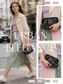 New Fashionable Versatile Features A Pleated Design With Retro Square Metal Trim. Simple Rivet Banquet Bag Niche Design High-End Retro Punk Style Popular Design Commuting Shopping Ladies Black, Cool Style Halloween Purse Perfect For Fancy Party Halloween Fashion & Music Festival Gothic Fashion - Black - View 4