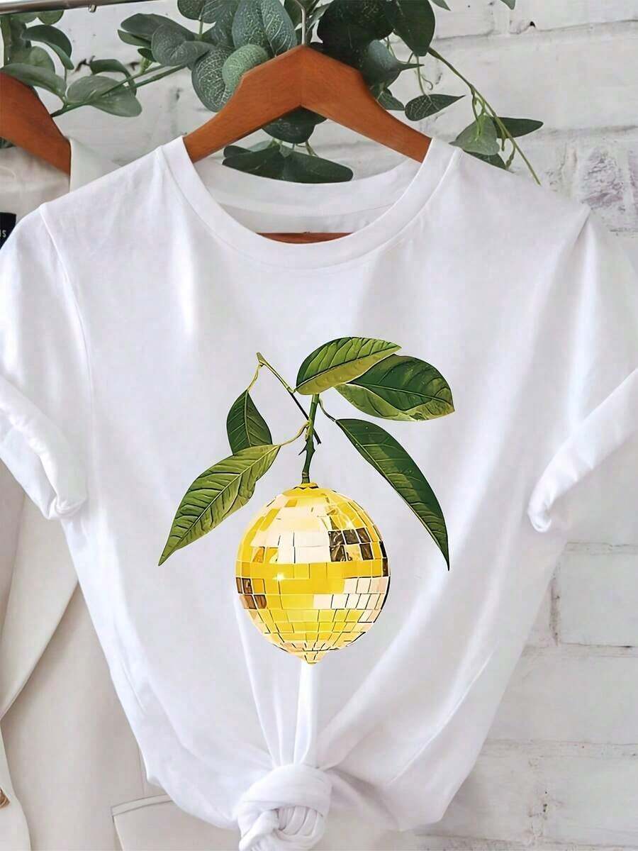 1 Pieza Moda Informal Para Hombres Y Mujeres/Damas Limón Mosaico Patrón Impreso Camiseta - Manga corta Cuello Redondo Informal Superior, Características A Vibrante Cítricos Diseño, Transpirable Y Elástico Tela, Lavable a máquina Diario Cómodo Estilo Para Primavera Y Verano, Diversión Diseño La camisa es versátil, fácil de combinar, adecuada para el uso diario, el estilo urbano, conjuntos de vacaciones y ropa de fin de semana. - Blanco - Ver 1