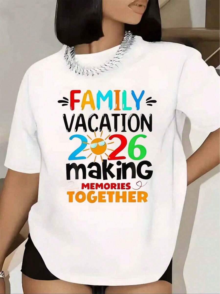 Women's Family Vacation T-Shirt 2026 Creating Memories Together Graphic Print Short Sleeve Crew Neck Casual Summer Travel Outfit 220g - 白色的 - 查看 1