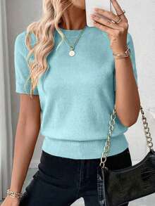 Blusa de punto de manga corta de unicolor y estilo minimalista, para uso diario - Celeste - Ver 4