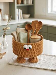 1個圓形附蓋大號仿藤編織收納籃，波西米亞農舍鄉村風裝飾防塵籃，適用於零食、珠寶、化妝品、玩具、水果，多功能居家收納廚房配件客廳臥室裝飾 - 薑色 - 查看 3