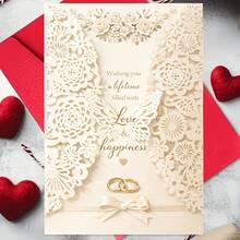Elegant Wedding Card, Adorned With Lace Flowers And Butterflies, Featuring "Love And Happiness" Golden Foil Circle Design, Suitable For Grooms And Brides, Couples' Anniversary, Engagement Gift Card, With Envelope - 卡其色 - 查看 1