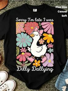 Plus Size - Plus Size - Women's Casual Short Sleeve T-Shirt With Hen And Flowers Graphic Print, With A 'Dilly Dallying' Slogan, Made Of Lightweight And Stretchy Fabric, Suitable For Casual Wear In Spring And Summer (Machine Washable), Cotton T-Shirt For Summer And Holidays. - 黑色 - 查看 1