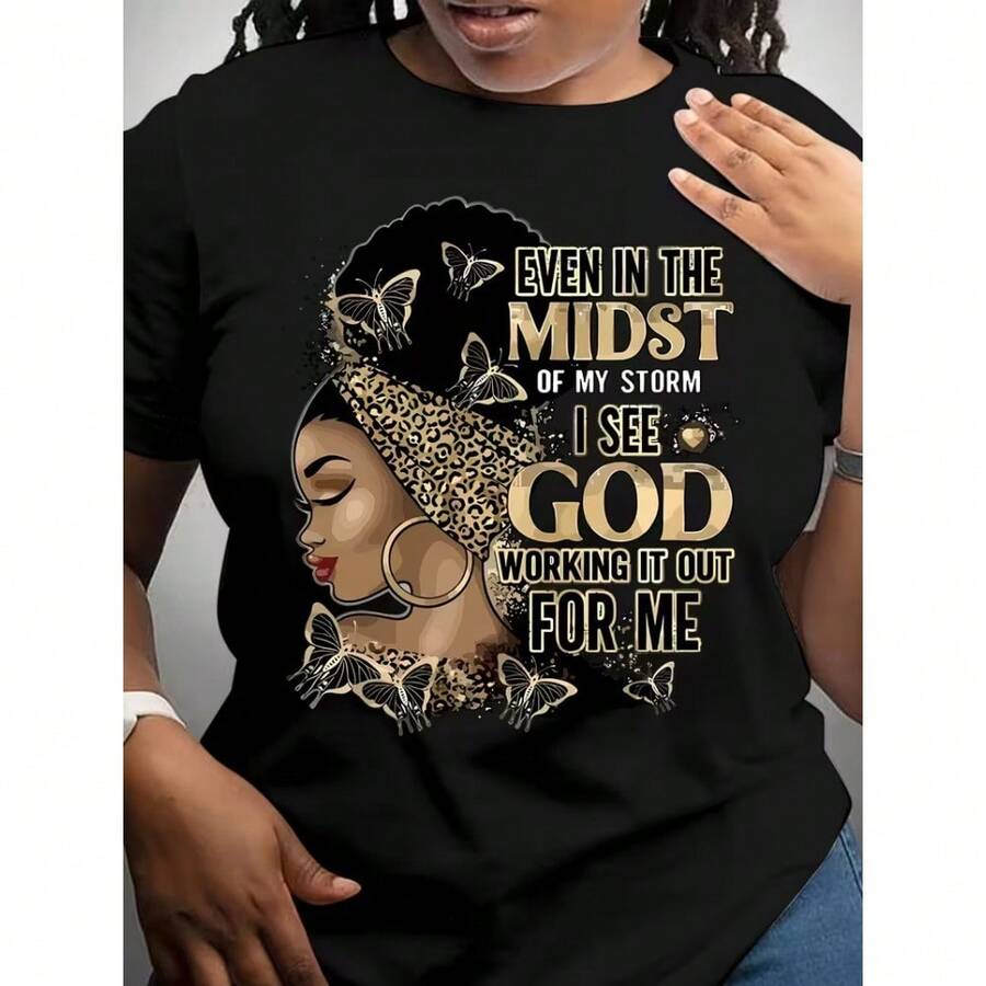 Camiseta casual de mujer con estampado inspirador de citas y mariposas - Negra con letras doradas, manga corta, corte holgado, lavable a máquina, top de primaveraverano, camiseta de moda con letras, corte ajustado, moda - [Negro] - Ver 1